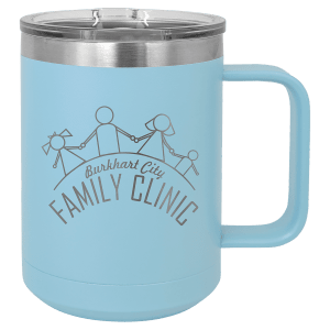 15 oz Polar Camel insulated mug in light blue, featuring a custom laser-engraved Burkhart City Family Clinic logo that reveals the stainless steel beneath, displayed on a white background.