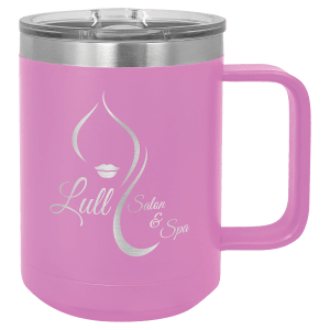 15 oz Polar Camel insulated mug in light purple, featuring a custom laser-engraved Lull Salon & Spa logo that reveals the stainless steel beneath, displayed on a white background.