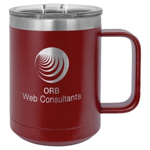 15 oz Polar Camel insulated mug in maroon, featuring a custom laser-engraved ORB Web Consultants logo that reveals the stainless steel beneath, displayed on a white background.
