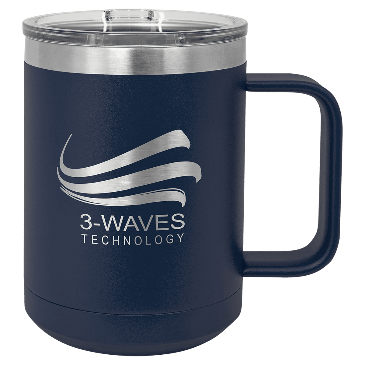 15 oz Polar Camel insulated mug in navy, featuring a custom laser-engraved 3-Waves Technology logo that reveals the stainless steel beneath, displayed on a white background.