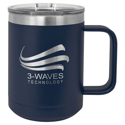 15 oz Polar Camel insulated mug in navy, featuring a custom laser-engraved 3-Waves Technology logo that reveals the stainless steel beneath, displayed on a white background.