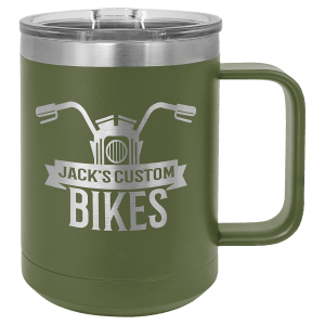15 oz Polar Camel insulated mug in olive green, featuring a custom laser-engraved Jack's Custom Bikes logo that reveals the stainless steel beneath, displayed on a white background.