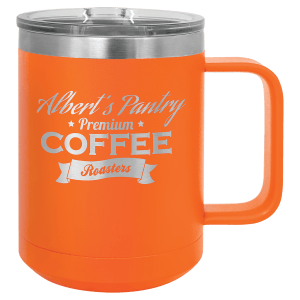 15 oz Polar Camel insulated mug in orange, featuring a custom laser-engraved Albert's Pantry Premium Coffee Roasters logo that reveals the stainless steel beneath, displayed on a white background.