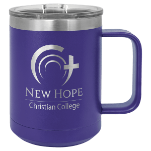 15 oz Polar Camel insulated mug in purple, featuring a custom laser-engraved New Hope Christian College logo that reveals the stainless steel beneath, displayed on a white background.