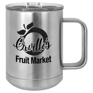 15 oz Polar Camel insulated mug in stainless steel, featuring a custom laser-engraved Orville's Fruit Market logo that reveals black beneath, displayed on a white background.