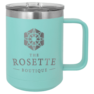 15 oz Polar Camel insulated mug in teal, featuring a custom laser-engraved The Rosette Boutique logo that reveals the stainless steel beneath, displayed on a white background.