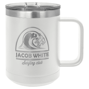 15 oz Polar Camel insulated mug in white, featuring a custom laser-engraved Jacob White Surfing Club logo that reveals the stainless steel beneath, displayed on a white background.