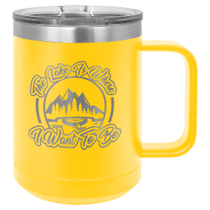 15 oz Polar Camel insulated mug in yellow, featuring a custom laser-engraved The Lake is Where I want to Be design that reveals the stainless steel beneath, displayed on a white background.