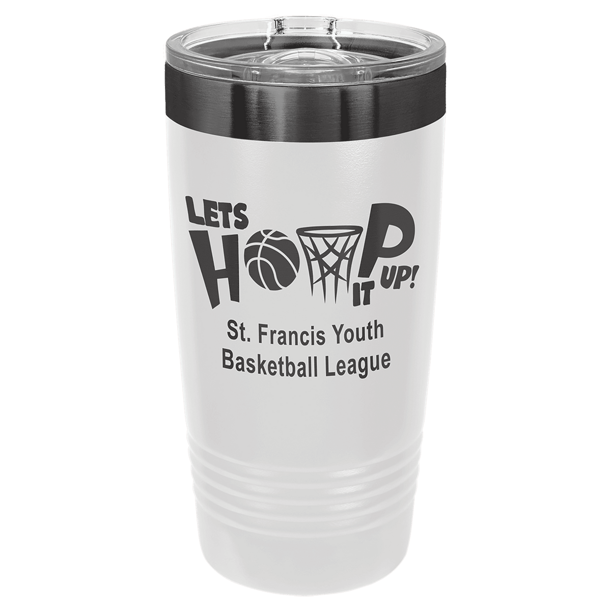 White 20 oz Polar Camel tumbler with ghost black text and graphics on a white background
