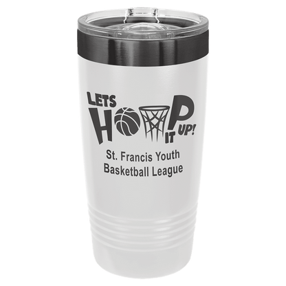 White 20 oz Polar Camel tumbler with ghost black text and graphics on a white background
