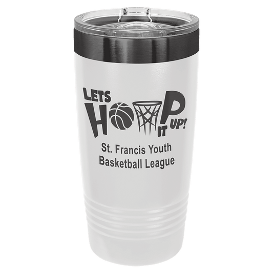 White 20 oz Polar Camel tumbler with ghost black text and graphics on a white background