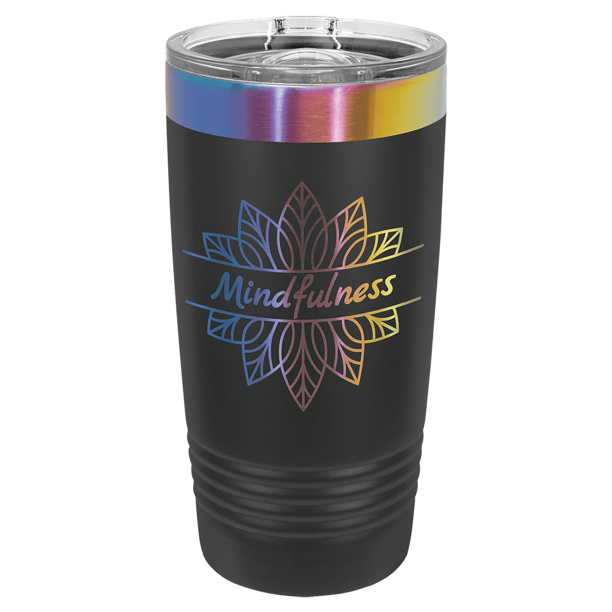Black 20oz Polar Camel tumbler with 'Mindfulness' design and rainbow-colored lid on a clear background