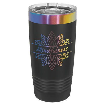 Black 20oz Polar Camel tumbler with 'Mindfulness' design and rainbow-colored lid on a clear background