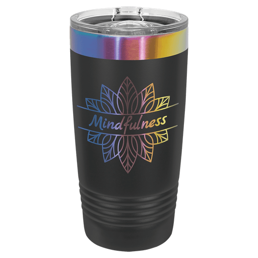 Black 20oz Polar Camel tumbler with 'Mindfulness' design and rainbow-colored lid on a clear background
