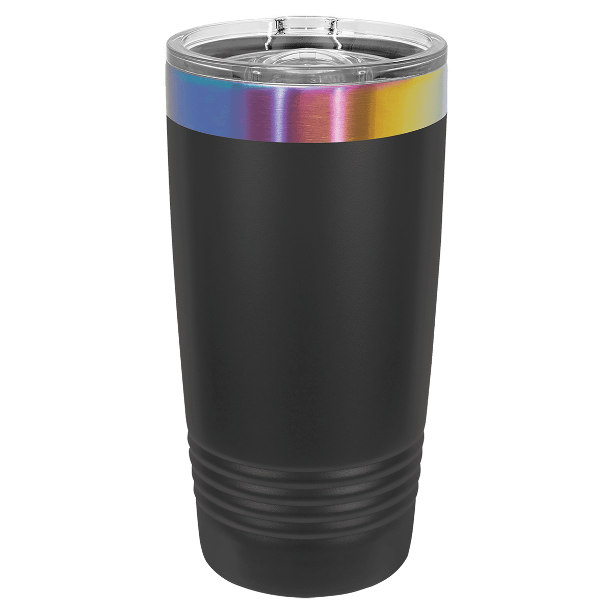 Black 20 oz Polar Camel tumbler with a colorful rim on a transparent background