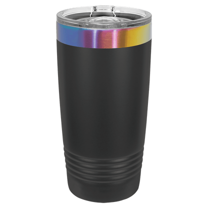 Black 20 oz Polar Camel tumbler with a colorful rim on a transparent background
