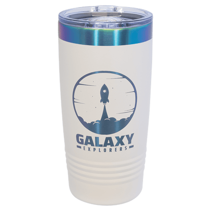 White 20oz Polar Camel Tumbler with prism colored 'Galaxy Explorers' design on a white background