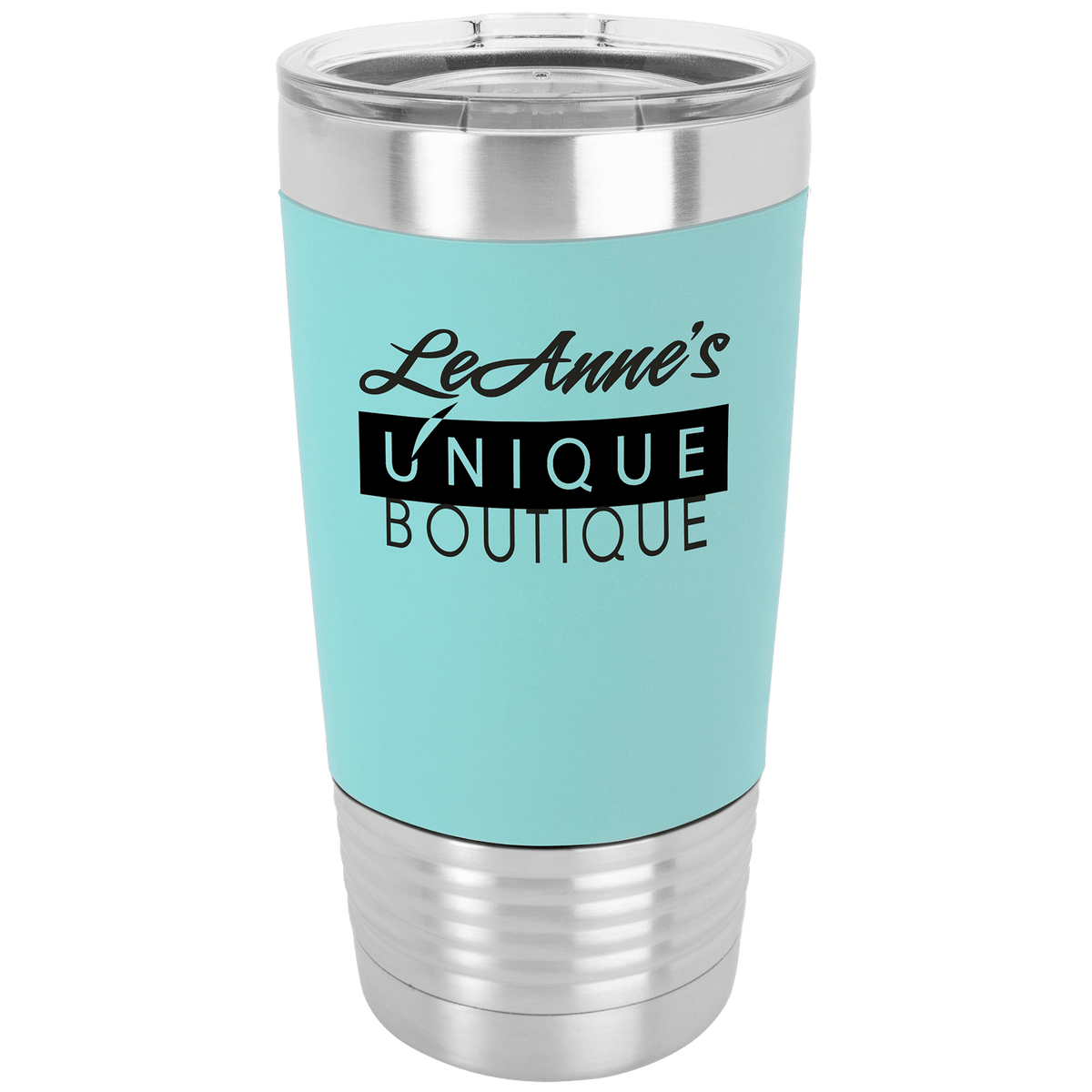 20 oz stainless steel Polar Camel insulated tumbler with teal silicone group with engraved logo