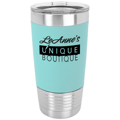 20 oz stainless steel Polar Camel insulated tumbler with teal silicone group with engraved logo