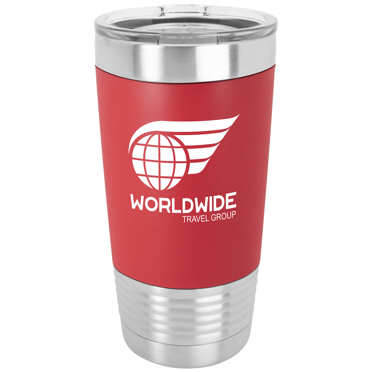 20 oz stainless steel Polar Camel insulated tumbler with red silicone group with engraved logo