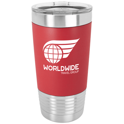 20 oz stainless steel Polar Camel insulated tumbler with red silicone group with engraved logo