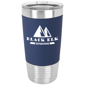 20 oz stainless steel Polar Camel insulated tumbler with navy silicone group with engraved logo