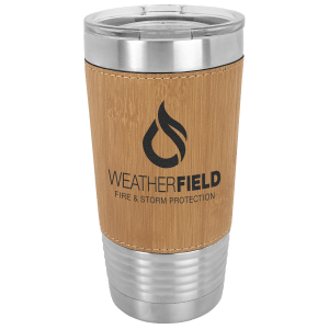 A 20 oz stainless steel Polar Camel tumbler featuring a bamboo leatherette wrap engraved with a circular 'WeatherField' logo, shown with a clear slider lid against a transparent background.