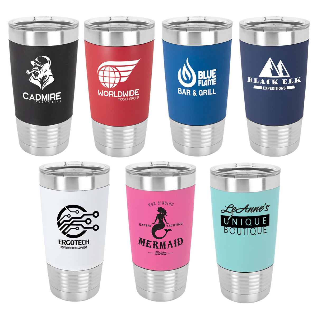 Group of 7 20 oz Polar Camel tumblers with engraved silicone grips in various colors