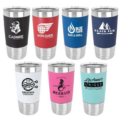 Group of 7 20 oz Polar Camel tumblers with engraved silicone grips in various colors