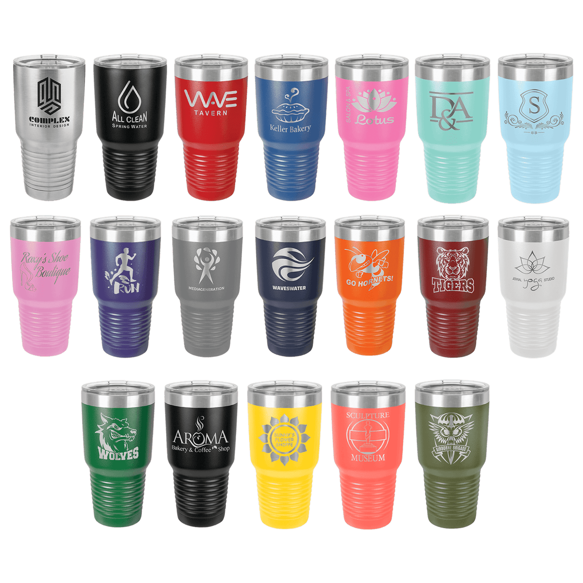 Collection of 30 oz Polar Camel stainless steel tumblers in various colors with different designs and text.