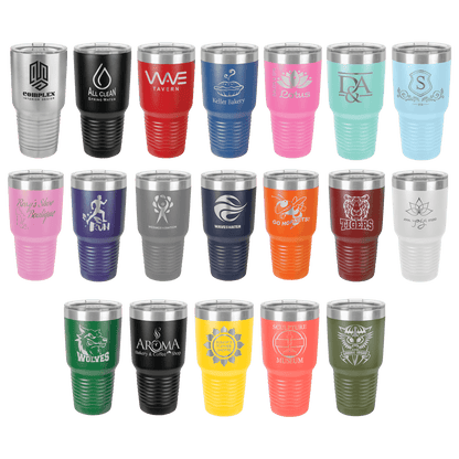 Collection of 30 oz Polar Camel stainless steel tumblers in various colors with different designs and text.