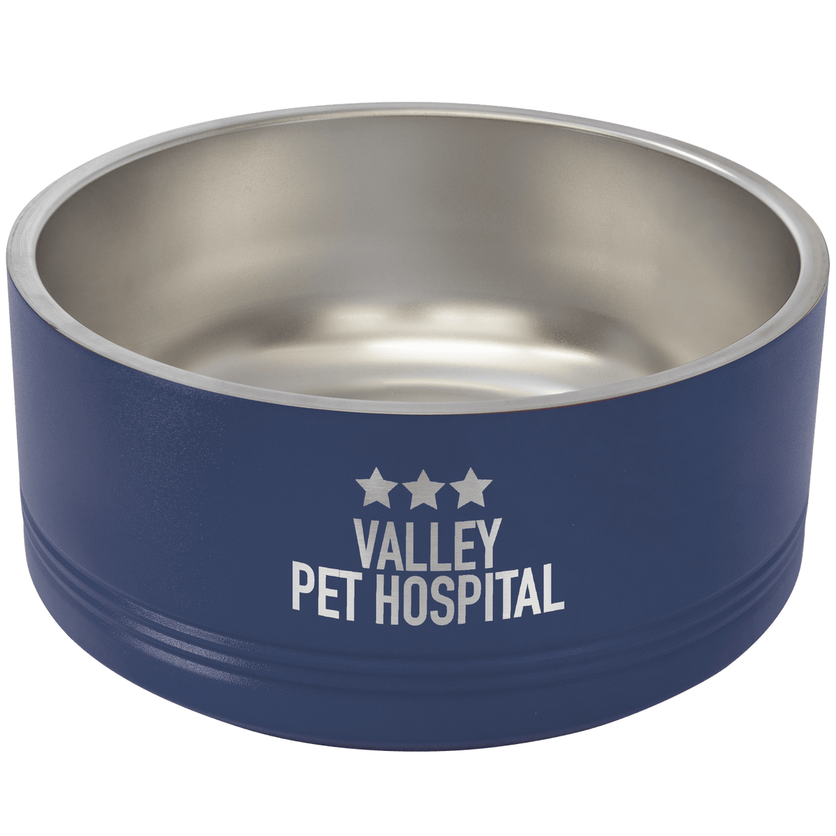 Navy stainless steel double insulated Polar Camel pet bowl with three stars and the text 'Valley Pet Hospital' engraved on it, on a transparent background