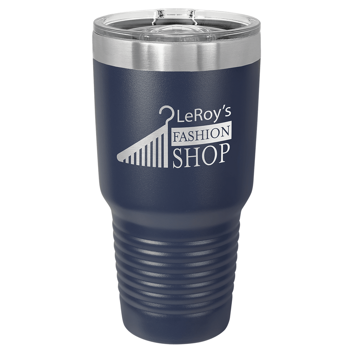 Custom laser-engraved 30 oz navy insulated tumbler featuring 'LeRoy's Fashion Shop' logo, shown on a transparent background.