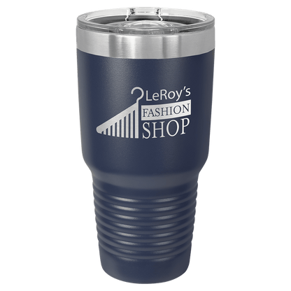 Custom laser-engraved 30 oz navy insulated tumbler featuring 'LeRoy's Fashion Shop' logo, shown on a transparent background.