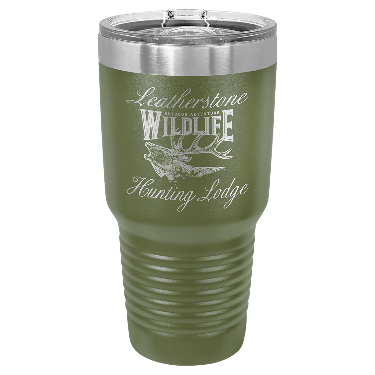 Custom laser-engraved 30 oz olive green insulated tumbler featuring Leatherstone Outdoor Adventure Wildlife Hunting Lodge logo, shown on a transparent background.