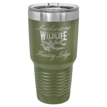 Custom laser-engraved 30 oz olive green insulated tumbler featuring Leatherstone Outdoor Adventure Wildlife Hunting Lodge logo, shown on a transparent background.