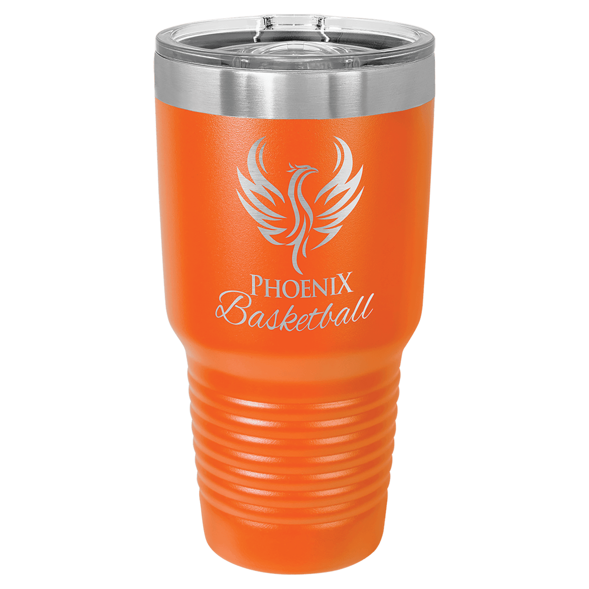 Custom laser-engraved 30 oz orange insulated tumbler featuring 'Phoenix Basketball' logo, shown on a transparent background.