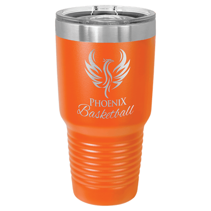 Custom laser-engraved 30 oz orange insulated tumbler featuring 'Phoenix Basketball' logo, shown on a transparent background.