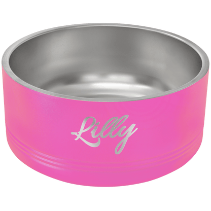 Pink stainless steel double insulated Polar Camel pet bowl with 'Lilly' engraved on it, on a transparent background
