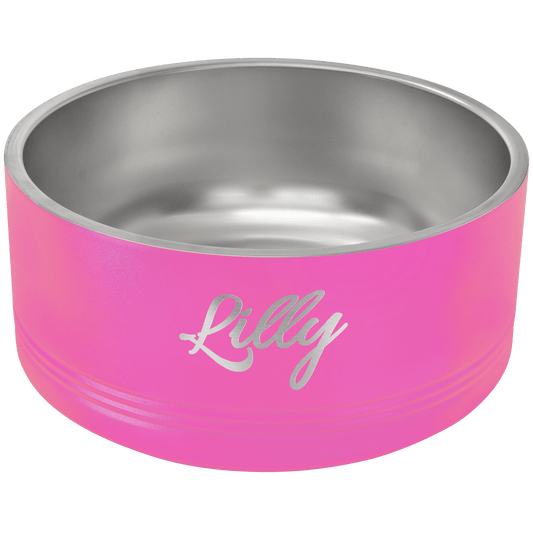 Pink stainless steel double insulated Polar Camel pet bowl with 'Lilly' engraved on it, on a transparent background