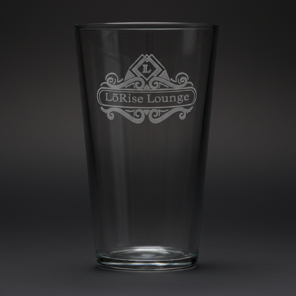 Custom laser-engraved 16 oz pint glass with frosted 'LõRise Lounge' logo design