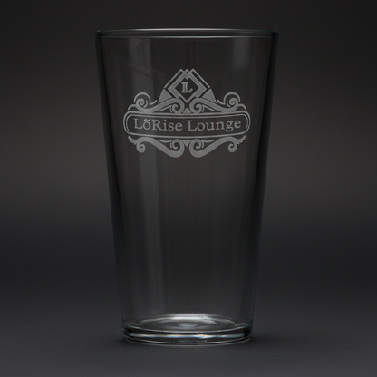 Custom laser-engraved 16 oz pint glass with frosted 'LõRise Lounge' logo design
