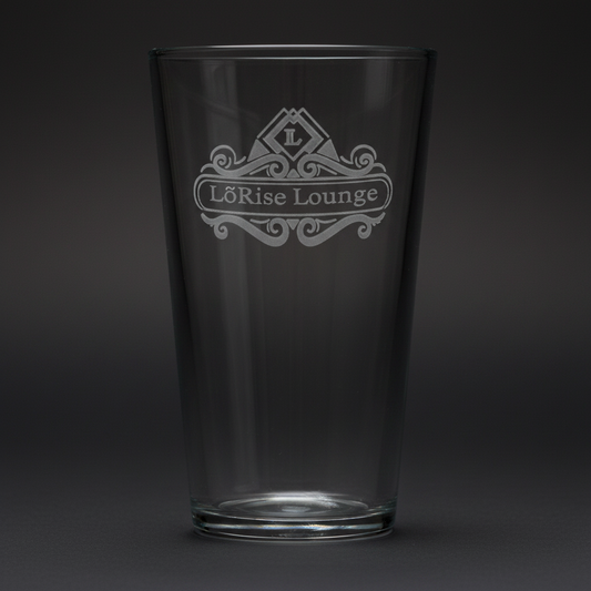 Custom laser-engraved 16 oz pint glass with frosted 'LõRise Lounge' logo design