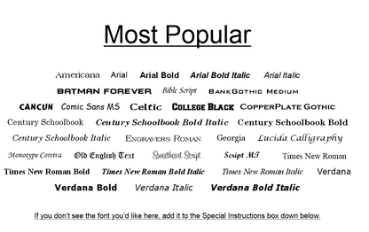 A black-and-white reference chart titled 'Most Popular' listing various font names such as Arial, Times New Roman, Verdana, and others, with a note at the bottom suggesting to add fonts not shown in the special instructions box.