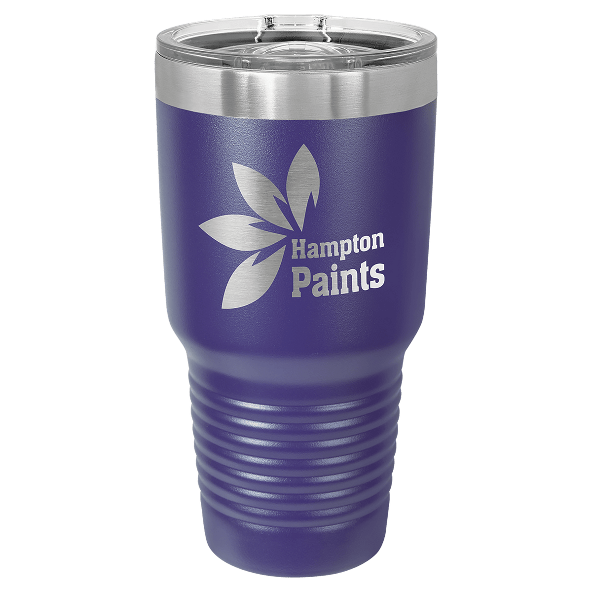 Custom laser-engraved 30 oz purple insulated tumbler featuring 'Hampton Paints' logo, shown on a transparent background.