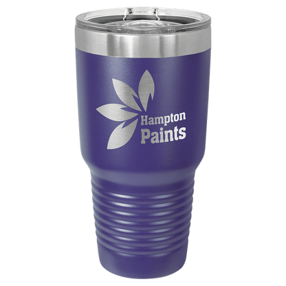 Custom laser-engraved 30 oz purple insulated tumbler featuring 'Hampton Paints' logo, shown on a transparent background.