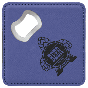 Purple square leatherette bottle opener coaster featuring an engraved hop illustration and a "BEER" label design with an integrated metal bottle opener