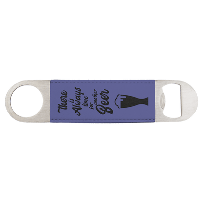 Custom engraved purple leatherette speed opener with 'There is always time for another beer' text and beer glass graphic on a white background