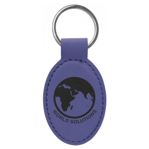 Purple oval leatherette keychain with the World Solutions globe design and engraved text