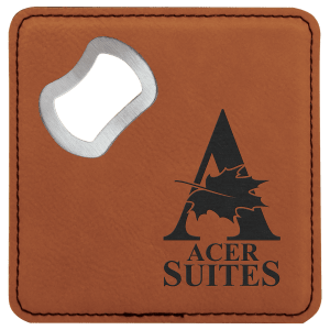 Rawhide square leatherette bottle opener coaster featuring an engraved Acer Suites logo with a stylized "A" and leaf design, with an integrated metal bottle opener